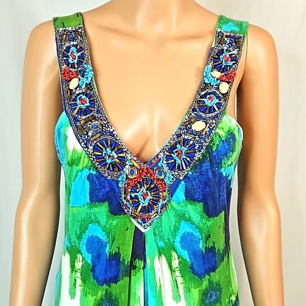 Bordeaux Bejeweled Green & Blue Women's Maxi Dress Sz Large - Picture 3 of 6